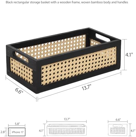 Wooden Rattan Storage Basket with Handles, Small Organizer Bin - Image 3