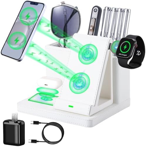 LADSTAG Leather Desk accessories Pen Holder with 3-in-1 Wireless Charger for Phone, Earbuds, Watch Multifunctional Desktop Phone Stand for Office and Home,birthday gifts,gifts for him (white) by LADSTAG