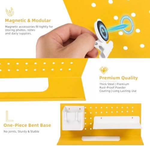 Metal Desk Pegboard Organizer, No Drill Modular Storage Kit 10 Accessories 15.8x11.8in White Yellow for Office Vanity - Image 5