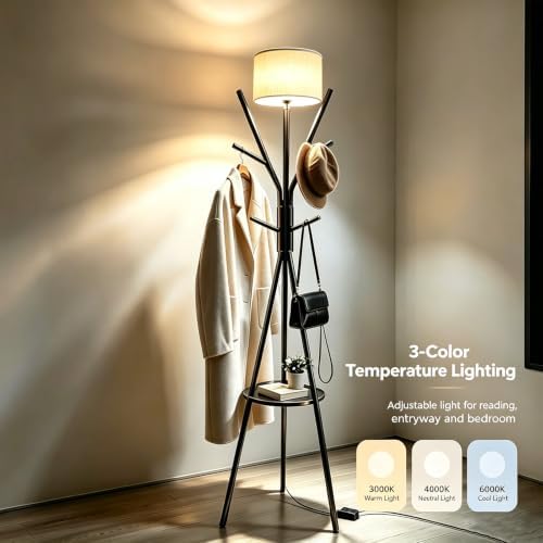 Black Coat Rack Floor Lamp, Metal Standing Lamp with Storage Table, 3 Color Dimmable Tall Lamp with Multi Hooks Coat Rack, Corner Floor Light for Living Room Bedroom Apartment Entryway - Image 4