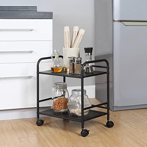 SunnyPoint 2-Tier Metal Rolling Utility Cart – Mobile Storage Shelf with Caster Wheels – Small Space Organizer for Home, Office, Bedroom, Kitchen (BLK) (Pack of 2) - Image 3