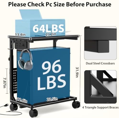 Adjustable Computer Tower Stand with Charging Station & Pegboard,Large - Image 3