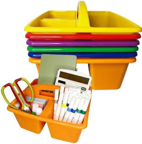 6 Pack Classroom Caddy with Handle, Plastic Storage Caddy Organizer with 3 Compartments, Desk Caddies Portable Storage Bin for Pencil, Crayon, Marker, Home, Office, Classroom Supply, Rainbow Colors by Unknown
