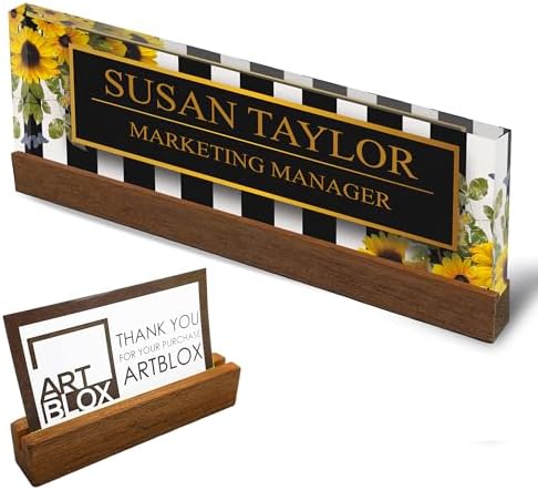 Artblox Office Personalized Name Plate for Desk with Business Card Holder On Clear Acrylic Glass Sunflower Flowers Design Custom Desk Name Plate with Your Name and Credentials Customized Gift by Artblox