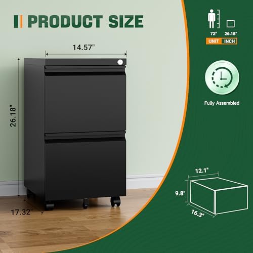 Letaya Mobile File Cabinet with Lock,2 Drawer Under Desk Metal Rolling Filing Cabinets for Home Office Organizer Letters/Legal/A4(Fully Assembled-Black) - Image 2