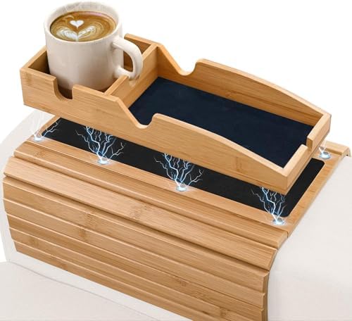 Magnetic Bamboo Couch arm tray - 3 in 1 Detachable Bamboo Sofa Arm Tray Table with Cup Holder - Foldable Non Slip Couch Armrest Table For Remote, Cell-Phone & Drinks, Snacks – Space-Saving,17.6"x13.3" by DailyFavorites