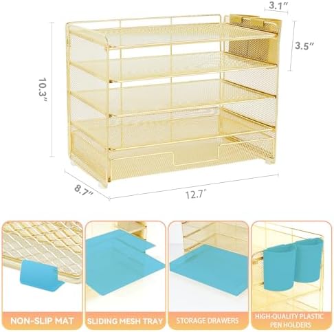 LEKETREE Desk Organizers and Accessories, 5-Tier Paper Letter Tray Organizer with Drawer & 2 Pen Holders, Desktop Organizer for Office Supplies (Gold) - Image 2