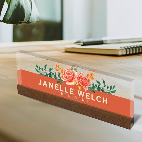 Artblox Office Personalized Name Plate for Desk with Business Card Holder On Clear Acrylic Glass Orange Roses Design Custom Desk Name Plate with Your Name and Credentials Customized Gift - Image 2