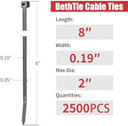 BethTie 8 Inch Black Zip Ties 2500 Pcs, 65 LBS UV Resistant Cable Ties - Image 4