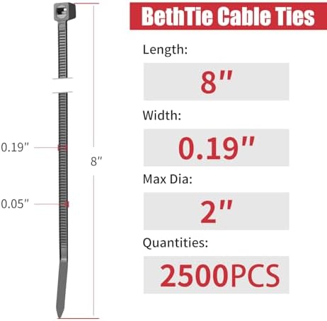 BethTie 8 Inch Black Zip Ties 2500 Pcs, 65 LBS UV Resistant Cable Ties - Image 4