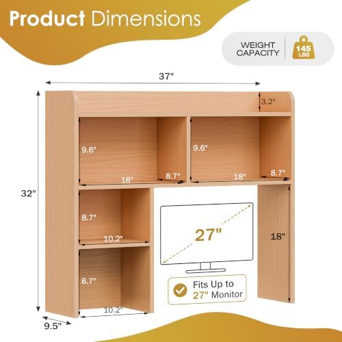 SUPER DEAL Desktop Bookshelf, Countertop Storage Hutch with 3 Shelves for Computer Desk, 2-Tier Display Rack, Multipurpose Wood Desk Hutch Storage Organizer for Home Office Dorm, Natural - Image 3