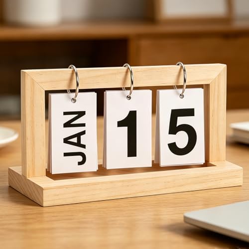 Wooden Perpetual Flip Calendar for Desk—Natural Wood Texture—Vertical Page Flipper with Metal Ring—Reusable Daily Date Tracker for Home Office Study Bedroom Shelf - Image 3
