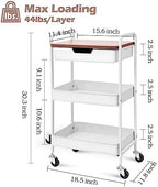 TOOLF 3 Tier Rolling Cart with Drawer, Metal Utility Storage Cart, White - Image 6