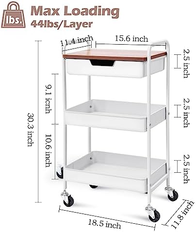 TOOLF 3 Tier Rolling Cart with Drawer, Metal Utility Storage Cart, White - Image 6