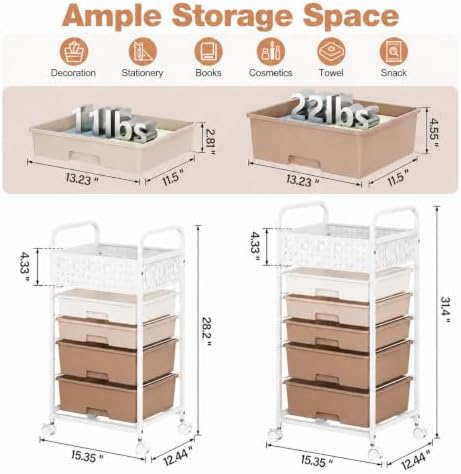 4 Drawer Rolling Storage Cart with Pegboard Top and Hooks, Brown - Image 2