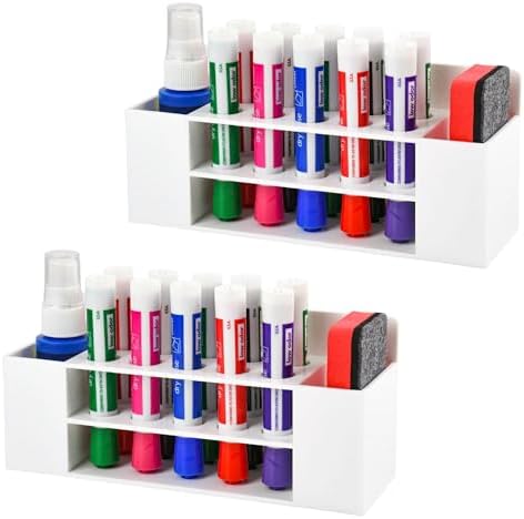 Acrylic Magnetic Dry Erase Marker Holder, 10 Slots White Magnetic Marker Pen Holder, 2PCS Magnet Storage for Whiteboard, Desk Locker Organizer Accessories, Office, Classroom, Home by VieFantaisie