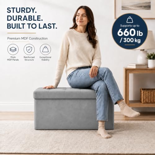 ALASDO 30 Inch Folding Storage Ottoman Bench with Hidden Storage, Velvet Storage Ottoman Foot Rest Stool, End of Bed Bench for Bedroom, Living Room, Entryway and Closet, Dark Gray - Image 3