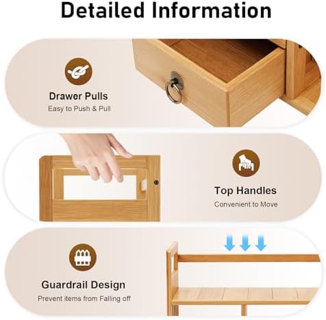 Bamboo Desktop Bookshelf, Desktop Bookshelf Organizer with 3 Drawers Desk Shelf Desktop Hutch Desk Bookshelf Desk Organizer Shelf Cute Small Desk Display Cubby Top for Home Office Bedroom - Image 5