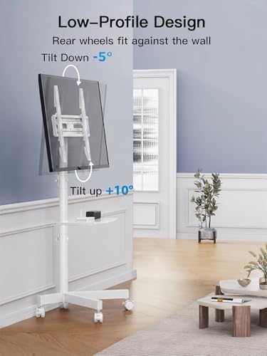PERLESMITH Rolling White TV Stand for 23–65 Inch TVs up to 99 lbs, Portable TV Stand on Wheels with Height Adjustable Shelf, Outdoor Mobile White TV Cart for Bedroom, Max VESA 400x400mm, PSTVMC04W - Image 3