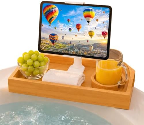 Bamboo Hot Tub Tray with 360°Adjustable Phone Holder, Hot Tub Drink Holder - Image 2