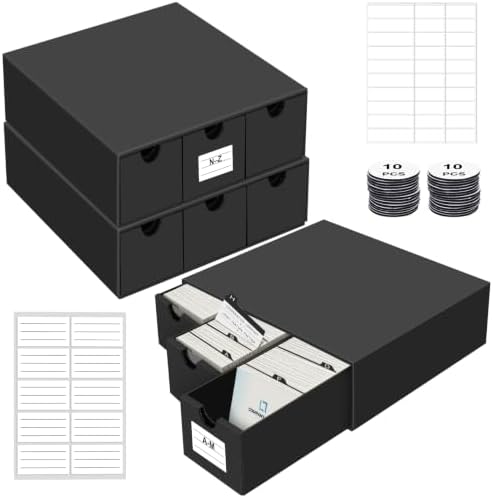 Business Card Storage Box 3 Pack, Stackable Business Card Organizer with 9 Pull-Out Drawers and Labels, Holds Up to 4500 Cards, Black Corrugated Desktop Filing Boxes by QLOUNI