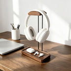 Wood Headphone Stand for Desk, Walnut Headset Holder with Storage Tray - Image 3