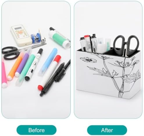 PU Leather Multi-Compartment Pen Holder Desktop Organizer Pencil Cup Storage Caddy for Office Home Supplies Wildflowers Line Drawn on Watercolor - Image 3