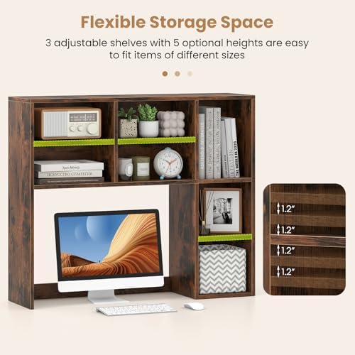 GOFLAME 7 Cubes Desktop Bookshelf, 37” Desk Organizer Shelf with 3 Adjustable Shelves, 3-Tier Wood Countertop Display Rack, Multipurpose Tabletop Desk Hutch for Dorm, Home Office, Rustic Brown - Image 5