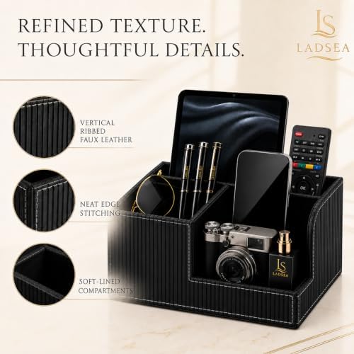4-Compartment Faux Leather Pen Holder and Desk Organizer, Black - Image 7