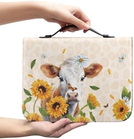 Sunflower Cow Bible Cover, Leopard Print Large PU Leather Bible Carrying Case with Bookmark for Church Large Zippered Book Bible Protector for Christian by Glomenade