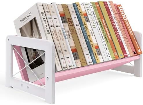 ELITEROO Tabletop Bookshelf, Simple Wood Book Organizer for Desk, Tilted Table Bookcase, Small Desktop Book Rack for Cookbook Display, Kids Reading, Office Storage, Pink by ELITEROO
