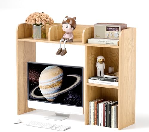 Desktop Bookshelf, 3-Tier Wood Countertop Bookcase with 5 Shelves, Desk Hutch for College Dorm, Multipurpose Desk Organizer Shelf Display Rack for Home Office, Hutch Top Only by SILKYDRY