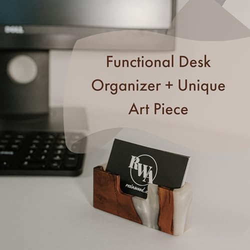 RWA Business Card Holder – Luxury Square Desk Organizer, Stylish Office Decor, Slim Card Holders - Wood & Epoxy Card Display Stand for Men and Women, Office Desk Accessories - SMART, platinum - Image 5