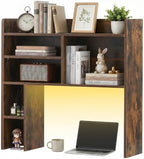 OFCASA Desktop Bookshelf with LED Lights, Countertop Storage Hutch with 7 Shelves for Computer Desk, 35.4'' 3-Tier Display Rack, Wooden Desk Hutch Storage Organizer for Home Office Dorm, Brown by OFCASA