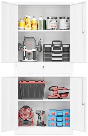 Fesbos 71" Metal Cabinet-White Heavy Duty Storage File Cabinet Steel Tool Cabinets with Shelves, Lockable Doors and Drawers- for Garage, Pantry, Warehouse - Assembly Required by Fesbos