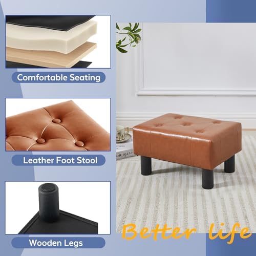 Small Foot Stool Ottoman, Faux Leather Footstool Ottoman Foot Rest for Couch, Rectangle Footstools and Ottomans Small for Living Room, Entryway and Bedroom (Bright Brown) - Image 4