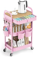 ALVOROG 3 Tier Metal Rolling Cart with Drawer,Wood Top,Pegboards,Pink by ALVOROG