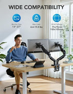 HUANUO Dual Monitor Stand, Fully Adjustable Gaming Monitor Desk Mount for 13–27″ Computer Screens, Full Motion VESA 75x75/100x100 with C-Clamp & Grommet Base, Each Arm Holds 4.4 to 19.8 lbs - Image 2