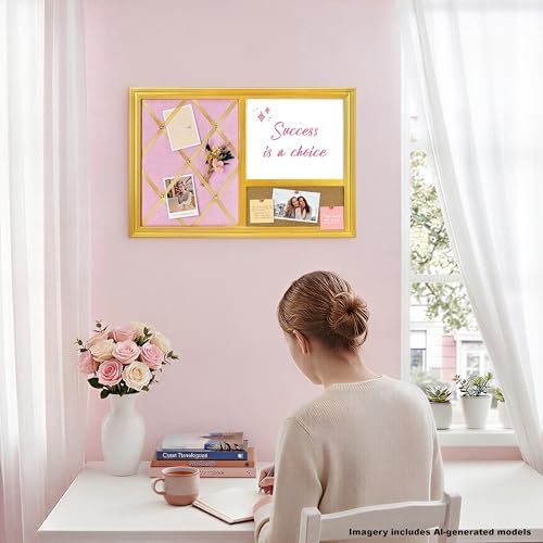 3-1 Memo Bulletin Board Combo,16’’x24’’,Gold Frame Pink Linen Ribbon Photo Board, Magnetic Whiteboard & Corkboard, for Office, Home, Bedroom,School,Dorm Wall Decor - Image 4