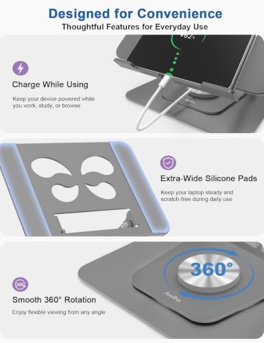 Aoviho Adjustable Laptop Stand for Desk - 360° Rotating Laptop Riser, Ergonomic Computer Stand Foldable Holder Compatible with MacBook Pro/Air, HP, Dell, Lenovo and Tablets Up to 16", Gray - Image 4