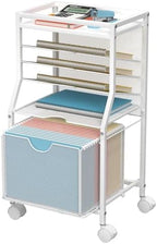BOHDK Rolling File Cart, 6-Tier Desk File Organizer on Lockable Wheels, White Wood Planks & Mesh Sliding Hanging Folder Drawer, Organization Cart for Office Home School by BOHDK
