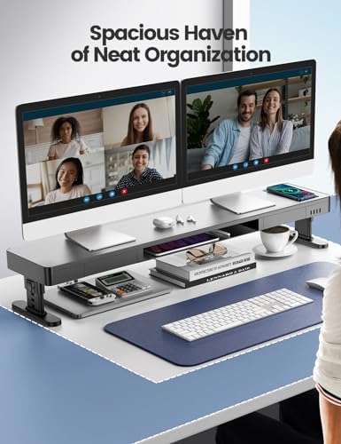 meatanty Dual Monitor Stand with 4 Adjustable Heights, Auto Phone Charging Pad, 4 USB Ports, Computer Riser with Drawers Storage, Metal Double Desk Organizer Lifter Raiser for 2 Monitors Screen Gift - Image 5