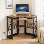 VECELO Corner Desk, Triangle Computer Desk for Small Space with Charging Station and Keyboard Tray, Corner Makeup Table with Storage Shelves for Home Office Bedroom, 41x30, Light Walnut - Image 7