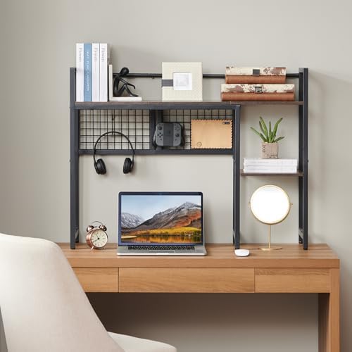 4-Tier Desk Hutch Shelf with Grid Panel, 39” Desktop Bookshelf for Monitor, Office & Home (Rustic Brown, 39") - Image 2