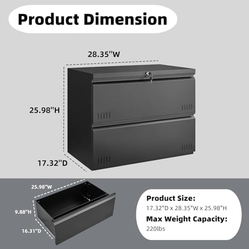 Approgreent 2 Drawer File Cabinet, File Cabinets for Home Office, Printer Stand, File Cabinet with Lock, Lateral Filing Cabinet for A4/Letter/Legal Size File Folders, Assembly Required(Black) - Image 3