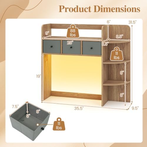 Tangkula Desktop Bookshelf with LED Lights, Dorm Desk Hutch, Natural - Image 3