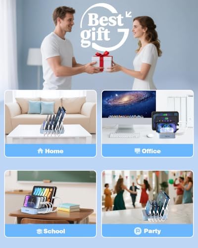 MSTJRY Charging Station for Multiple Devices : 5 Port Multi USB-A Charger Stations Multi-Device Organizer Charging Dock Designed for iPhone iPad Cell Phone Tablets (7 Short Cables Included), Blue - Image 6