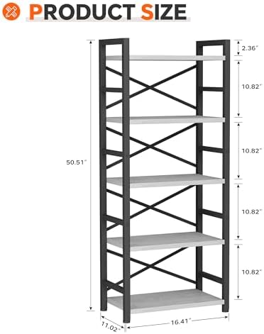 Homeiju Organization and Storage, 5 Tier Bookshelf, Tall Bookcase with Shelves, Wood and Metal Book Shelf Storage Organizer, Industrial Display Standing Shelf Unit for Bedroom, White - Image 3
