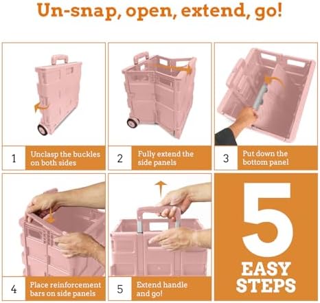 Inspired Living Ultra-Slim Rolling Collapsible Storage Pack-N-Roll Utility-carts, with Telescopic Handle, for Home, Garden, Shopping, Office, School use, Large, Raspberry Pink - Image 6
