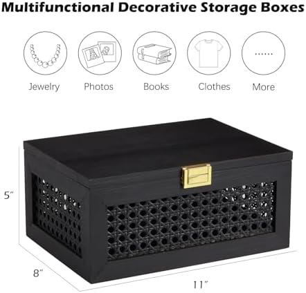 Decorative Rattan Storage Boxes Baskets with Lid Wooden Frame - Image 3
